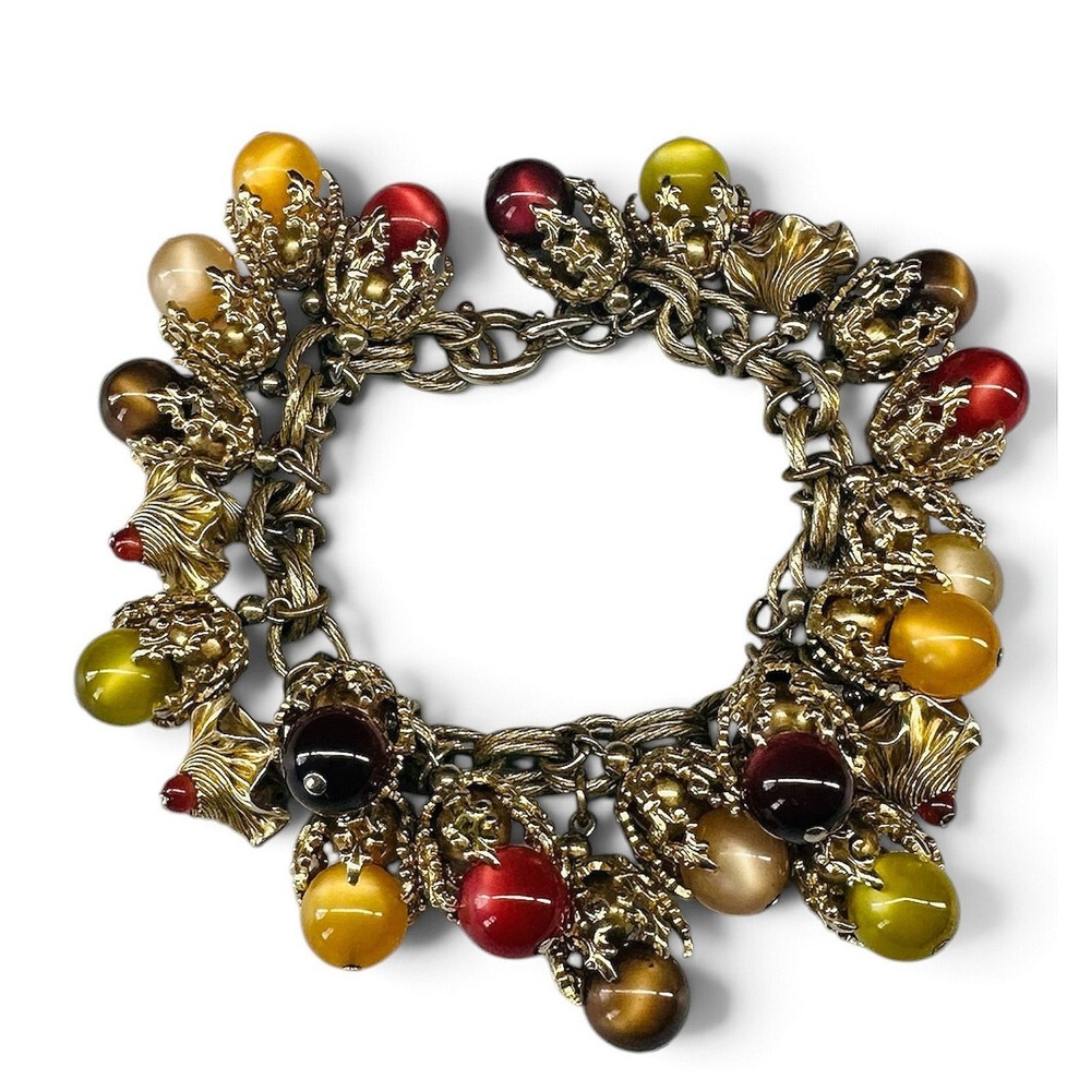 Vintage 1960s Gold Tone Moonglow Bead Bell Flower Charm Bracelet Chunky Boho